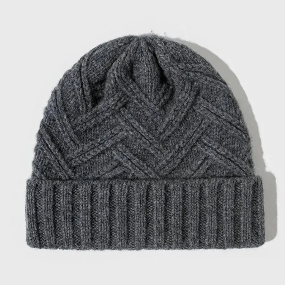 Warm Timeless Wool Beanie - Ribbed Cuff, Chevron Knit