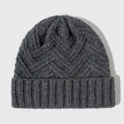 Warm Timeless Wool Beanie - Ribbed Cuff, Chevron Knit