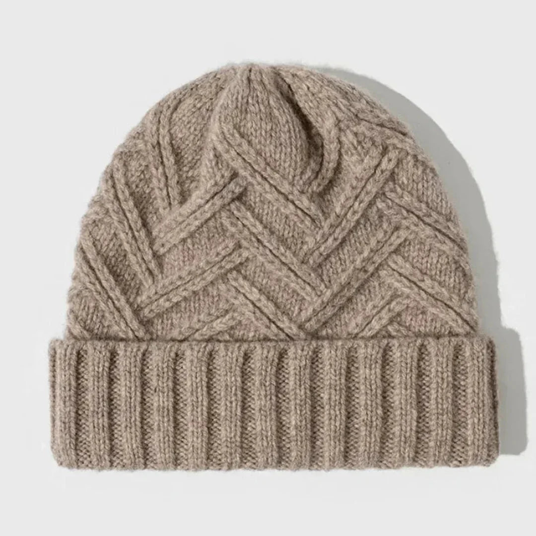 Warm Timeless Wool Beanie - Ribbed Cuff, Chevron Knit