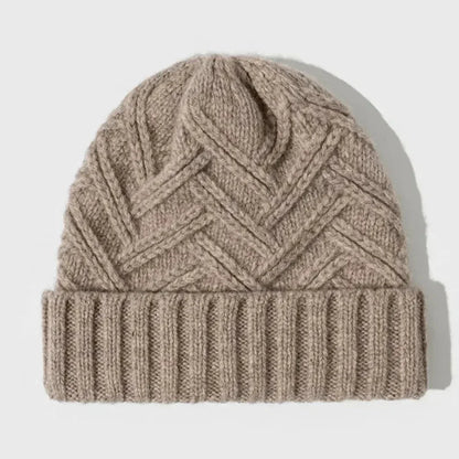 Warm Timeless Wool Beanie - Ribbed Cuff, Chevron Knit