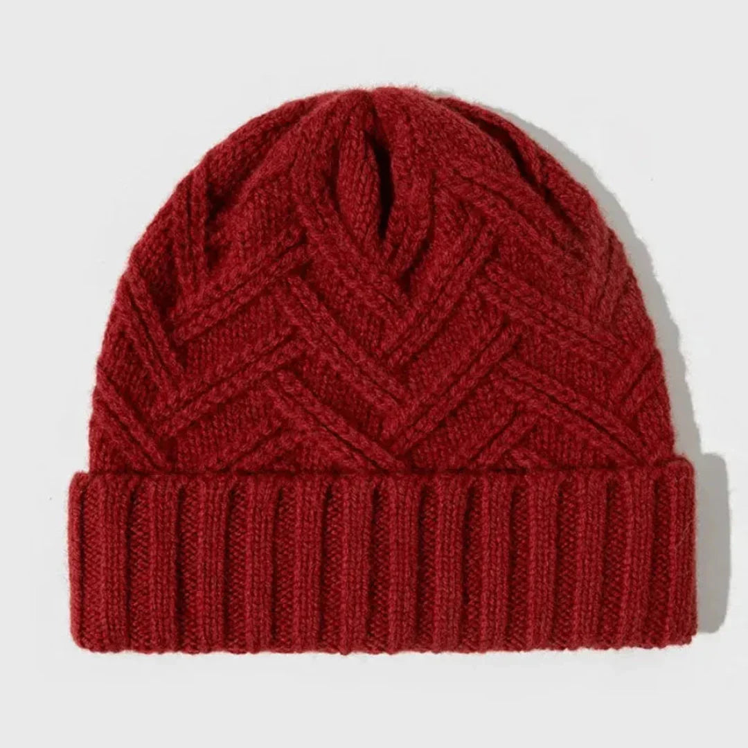 Warm Timeless Wool Beanie - Ribbed Cuff, Chevron Knit