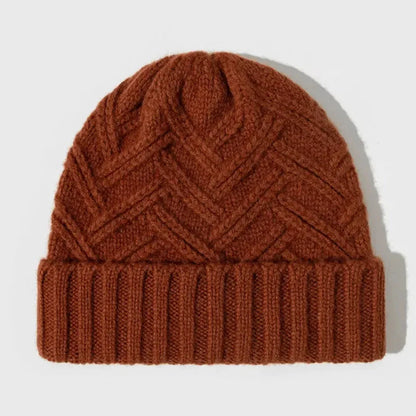 Warm Timeless Wool Beanie - Ribbed Cuff, Chevron Knit