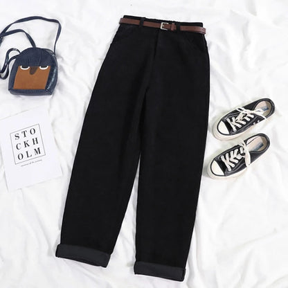 High Waist Corduroy Pants for Women, Wide Leg Cotton Trousers in Black and Coffee, Comfortable Casual Style-1