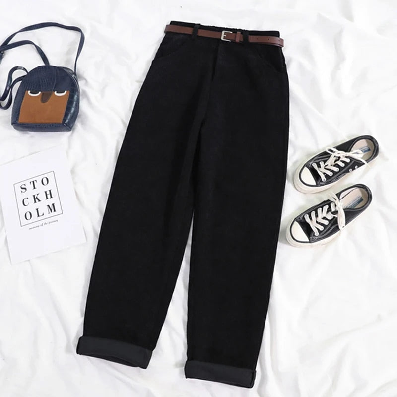 Variant image for High Waist Corduroy Pants for Women, Wide Leg Cotton Trousers in Black and Coffee, Comfortable Casual Style-1