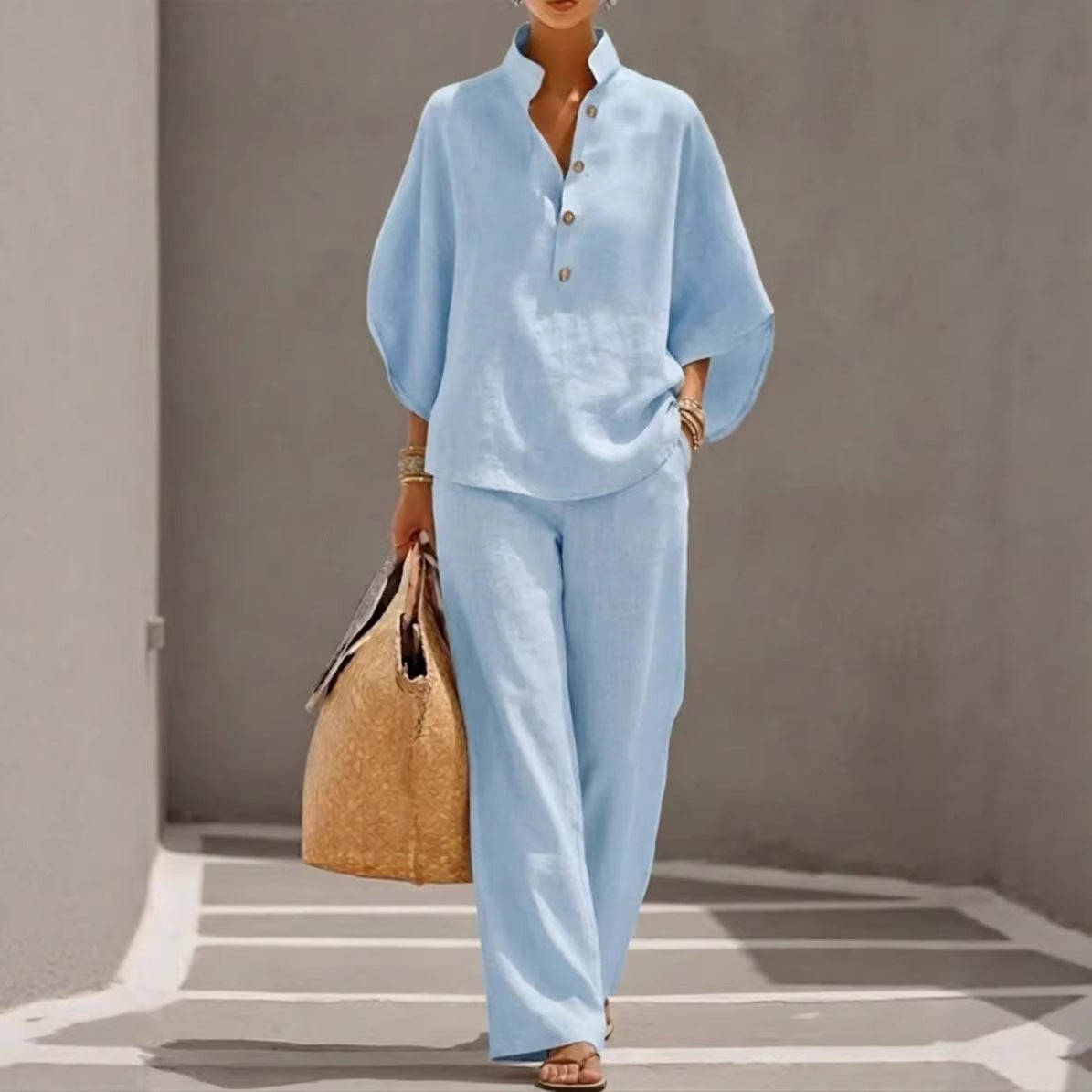 Light Women's Suit Kit - Stand-Collar Pullover Top, Balloon Sleeves, Straight-Leg Trousers, Polyester, For Office