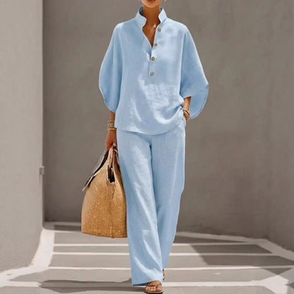 Light Women's Suit Kit - Stand-Collar Pullover Top, Balloon Sleeves, Straight-Leg Trousers, Polyester, For Office