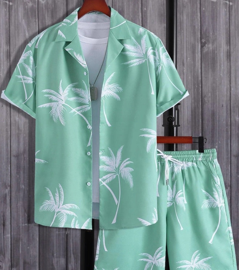 Men's Summer Set with Tropical Print, Lightweight Shirt and Shorts, Relaxed Fit for Warm Weather Casual Outings-5