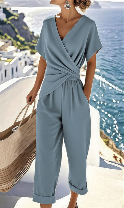 versatile wrap V-neck top, irregular silhouette, polyester, office wear – Light women's two-piece set