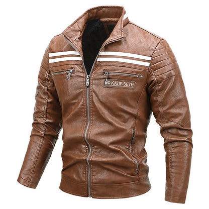 men's Warm leather motorcycle jacket - biker-cut with quilted shoulders and racing stripes, PU leather, for autumn rides