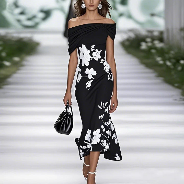 Light women's dress - off-shoulder twist midi-length, floral print, polyester, for weddings