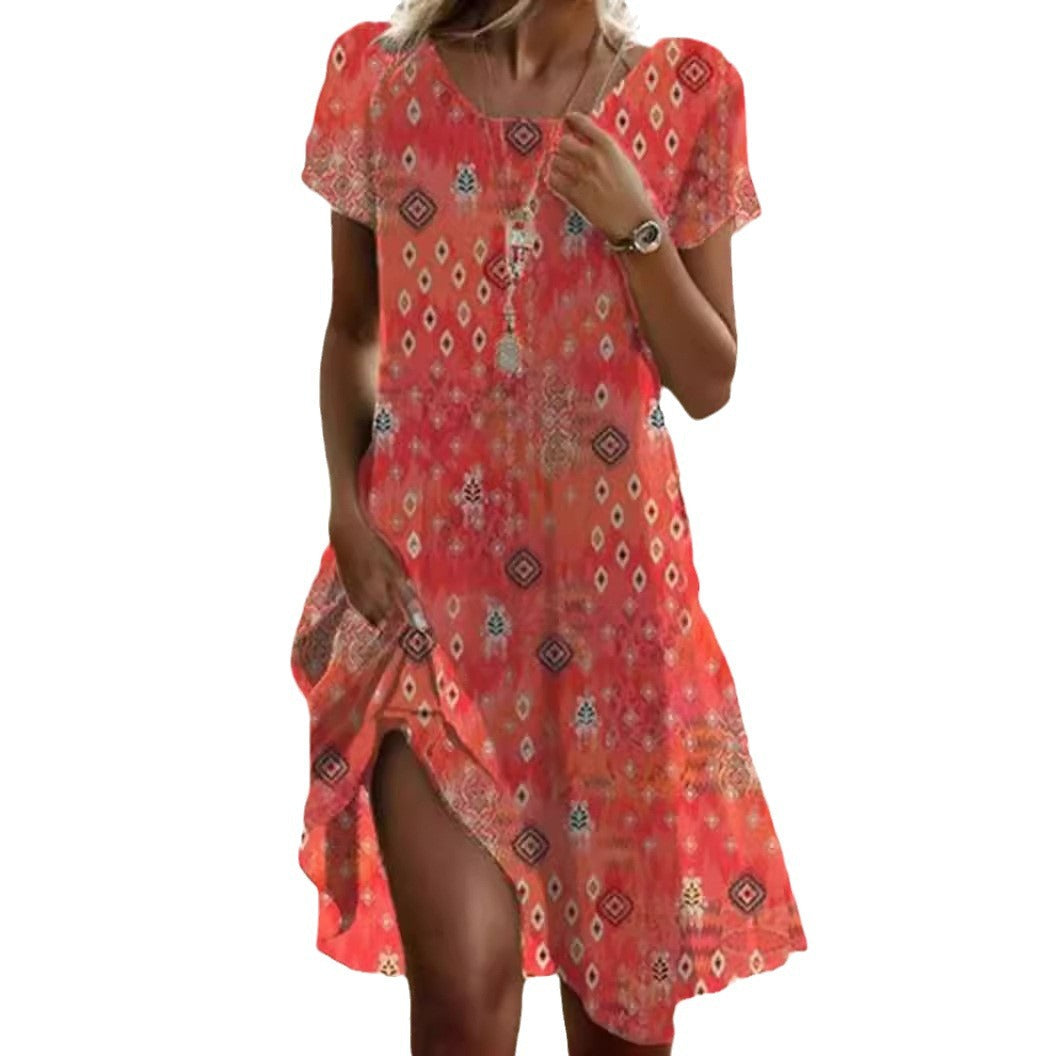 Plush women's dress - scoop neck, flowy mid-length silhouette, geometric print, casual everyday wear
