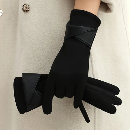 Women's Warm Winter Gloves - Faux Leather Cuff, Fleece