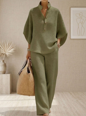 Light Women's Suit Kit - Stand-Collar Pullover Top, Balloon Sleeves, Straight-Leg Trousers, Polyester, For Office