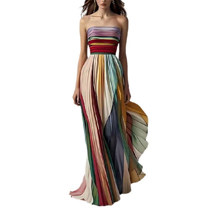 Light Women's Maxi Dress - Tube-Top Flowy Printed Stripe, Polyester Crepe, for Summer Vacation