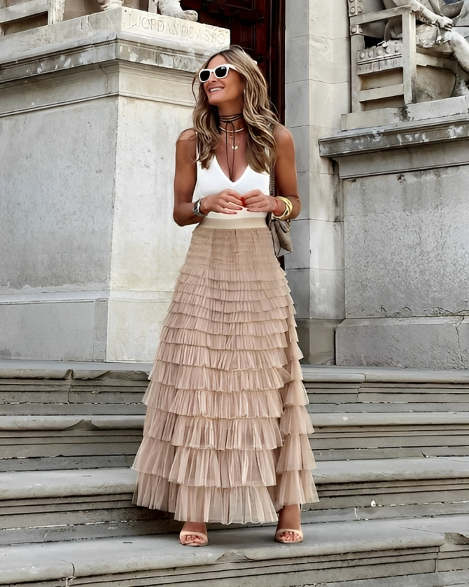 Elegant Pleated Midi Skirt in Lightweight Polyester for Formal and Stylish Occasions-1