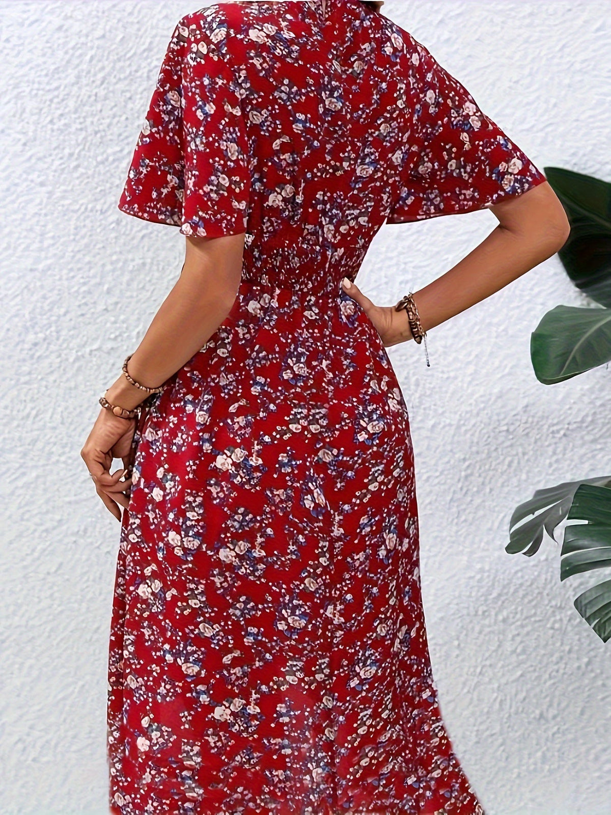 Feminine Boho Summer Dress with V-Neck and Flutter Sleeves, Lightweight Breathable Fabric, Available in Black and Red-3