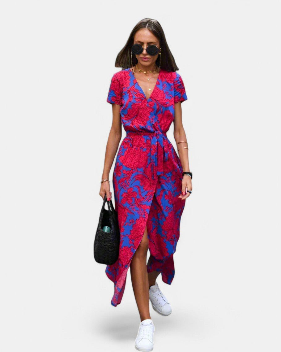 Elegant A-Line Women's Dress with V-Neck and Floral Pattern, Perfect for Summer and Formal Occasions-4
