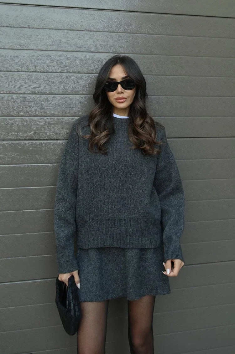 Plush Flattering Women’s Sweater Skirt Kit - Pullover Crewneck, Knit High-Waist A-Line Mini Skirt For Fall
