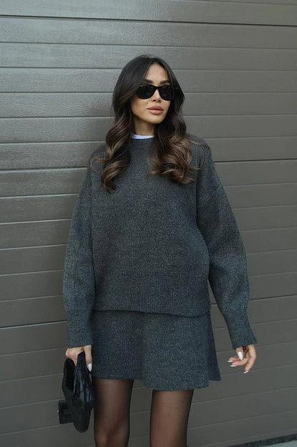 Plush Flattering Women’s Sweater Skirt Kit - Pullover Crewneck, Knit High-Waist A-Line Mini Skirt For Fall