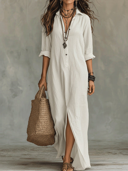 Plush women's flowy maxi dress - long-sleeve lapel-collar, solid, beach vacation