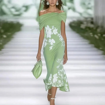 Light women's dress - off-shoulder twist midi-length, floral print, polyester, for weddings