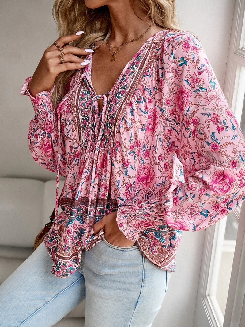 Summer Floral Blouse for Women, Lightweight Cotton Top with Adjustable Fit and Boho Design, Perfect for Casual Outings-2