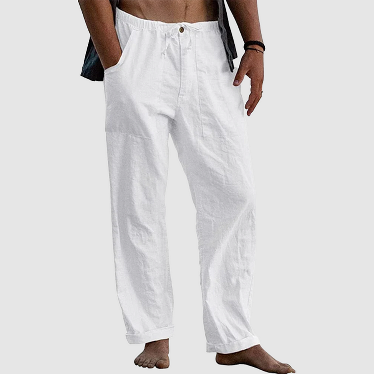 Variant image for White Linen Pants for Women with Adjustable Waist Cord, Relaxed Fit Summer Trousers-8