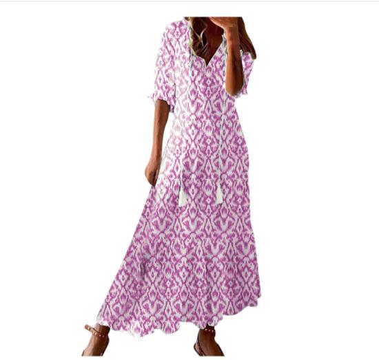 Light Women's Dress - Bohemian Print, V-Neck, Long Sleeves, Mid Waist, Casual Regular Wear