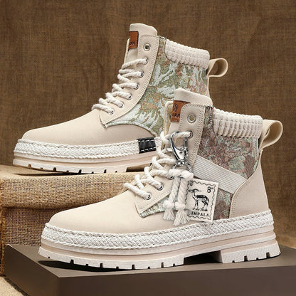 Men's Warm High-Top Boots - Lace-Up Leather Fabric, Winter