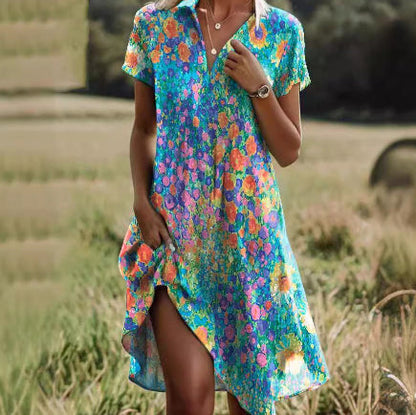 Plush women's dress - scoop neck, flowy mid-length silhouette, geometric print, casual everyday wear