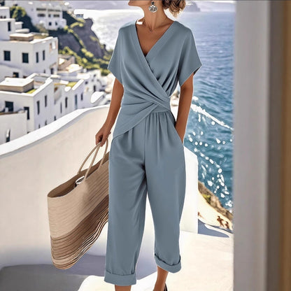 versatile wrap V-neck top, irregular silhouette, polyester, office wear – Light women's two-piece set