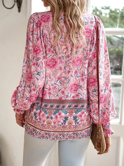 Summer Floral Blouse for Women, Lightweight Cotton Top with Adjustable Fit and Boho Design, Perfect for Casual Outings-3