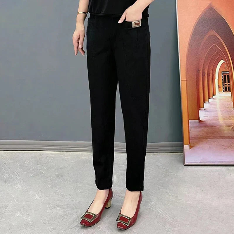 Comfortable Women's Cotton Pants with Elastic Waistband, Relaxed Slim Fit, Multiple Colors Available-3