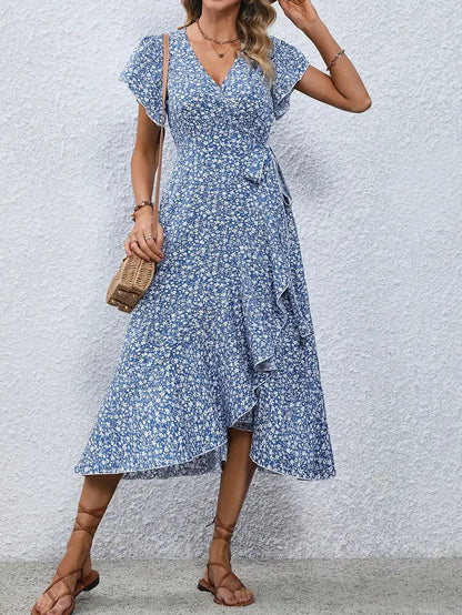 Elegant Womens Dress with Flutter Sleeves and Wrap Detail - Perfect for Wedding Guests and Summer Events-5
