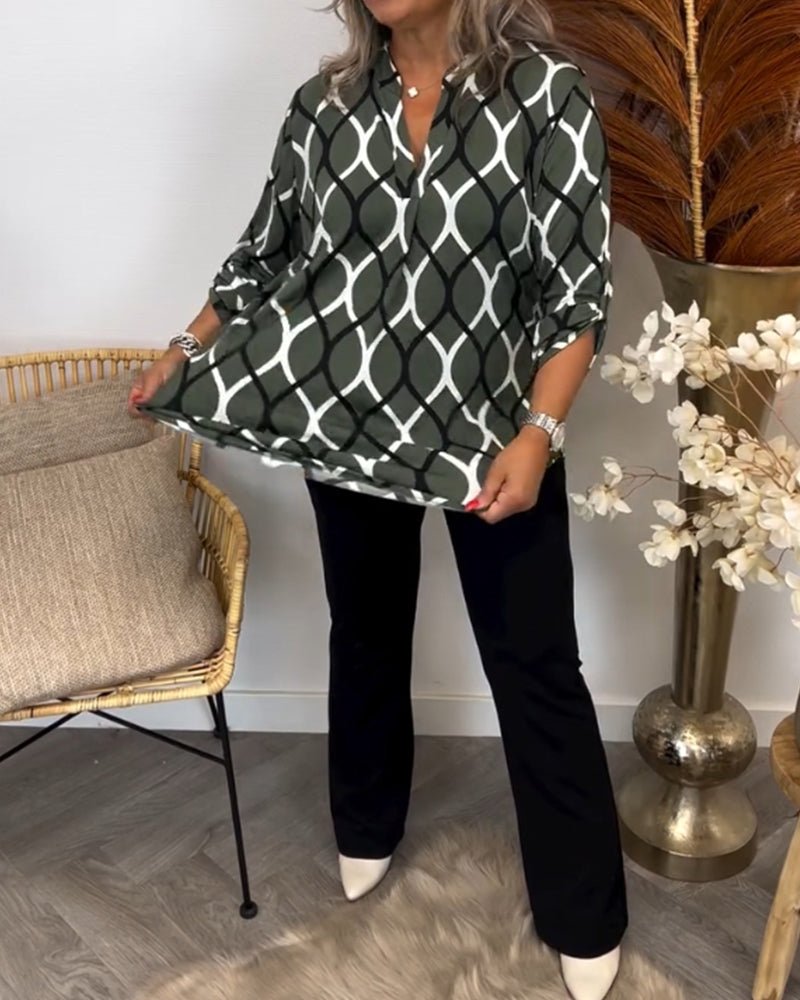 Elegant Women's Blouse with Geometric Pattern, Comfortable Stretch Cotton Summer Top for Versatile Styling-4