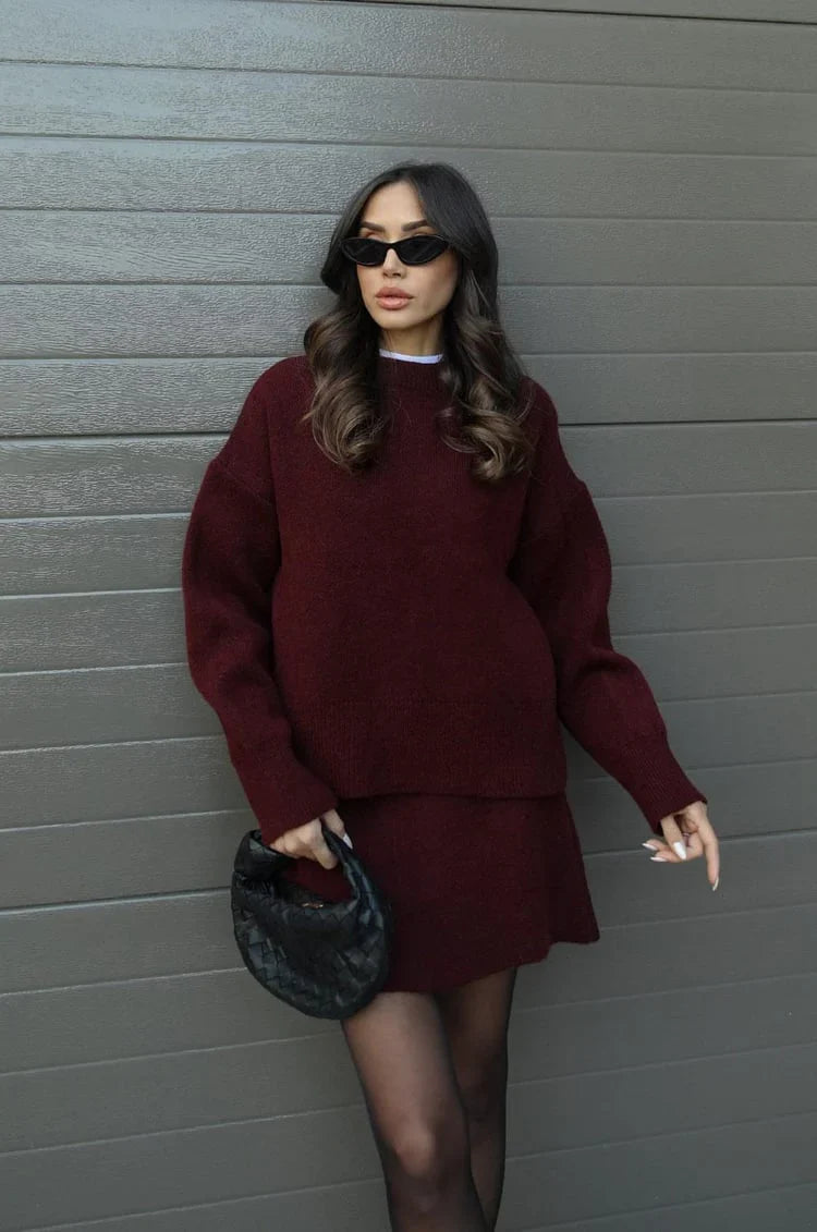 Plush Flattering Women’s Sweater Skirt Kit - Pullover Crewneck, Knit High-Waist A-Line Mini Skirt For Fall