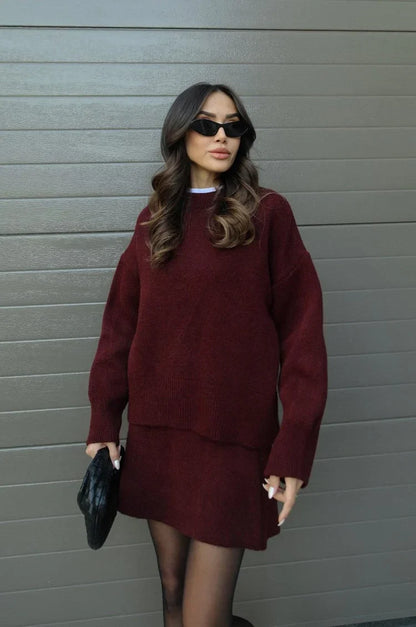 Plush Flattering Women’s Sweater Skirt Kit - Pullover Crewneck, Knit High-Waist A-Line Mini Skirt For Fall