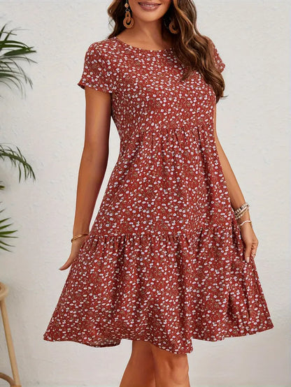 Variant image for Vintage Floral Wedding Guest Dress with Circular Neckline and Short Sleeves in Turquoise, Blue, and Burgundy-11