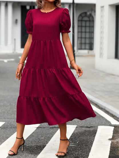 Variant image for Boho Women's Dress with Puffed Sleeves, Gathered Design, Breathable Fabric, Available in Multiple Colors-17