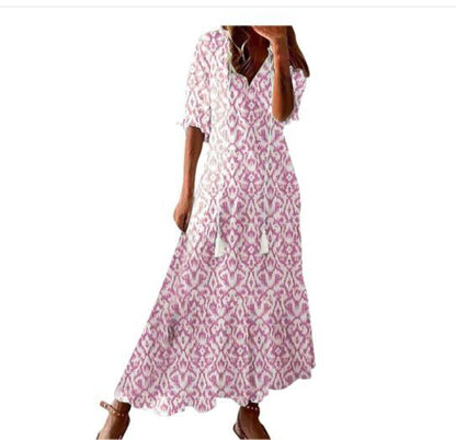 Light Women's Dress - Bohemian Print, V-Neck, Long Sleeves, Mid Waist, Casual Regular Wear