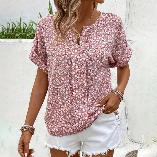 Vintage Floral Womens Blouse, Short Sleeve V-Neck Cotton-Polyester Blend Summer Top for Women-1