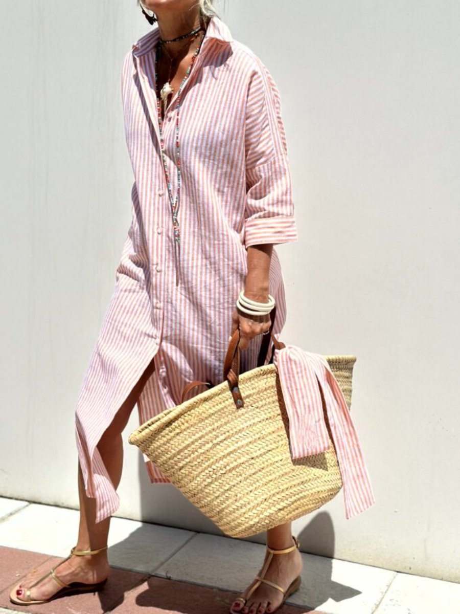 Classic Striped Women's Dress with Lace Trim, Elegant Summer Dress for Versatile Styling-3
