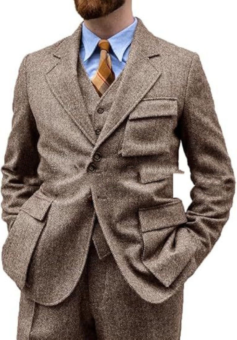 men's Wrinkle-free three-piece suit - slim-fit, herringbone wool, for formal events and business wear