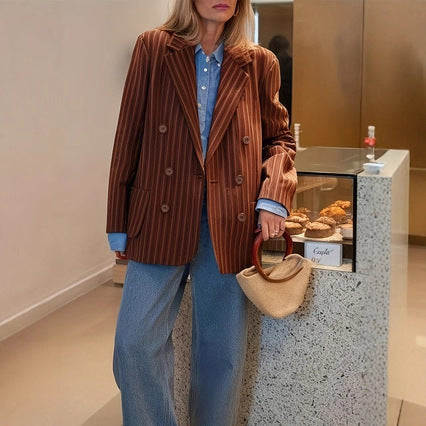 Light women's striped blazer jacket - retro, double-breasted, polyester, for spring/autumn