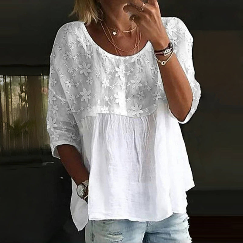Variant image for Embroidered Flower Blouse for Women, Three-Quarter Sleeve Summer Top, Cotton-Polyester Blend, Casual Spring Apparel-1