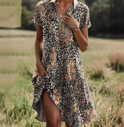 Plush women's dress - scoop neck, flowy mid-length silhouette, geometric print, casual everyday wear