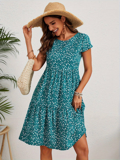 Variant image for Vintage Floral Wedding Guest Dress with Circular Neckline and Short Sleeves in Turquoise, Blue, and Burgundy-1