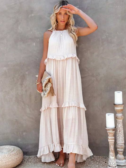 Elegant Halter Ruffle Floral Maxi Dress for Women, Lightweight Bohemian Long Dress, Flowing Fit-1
