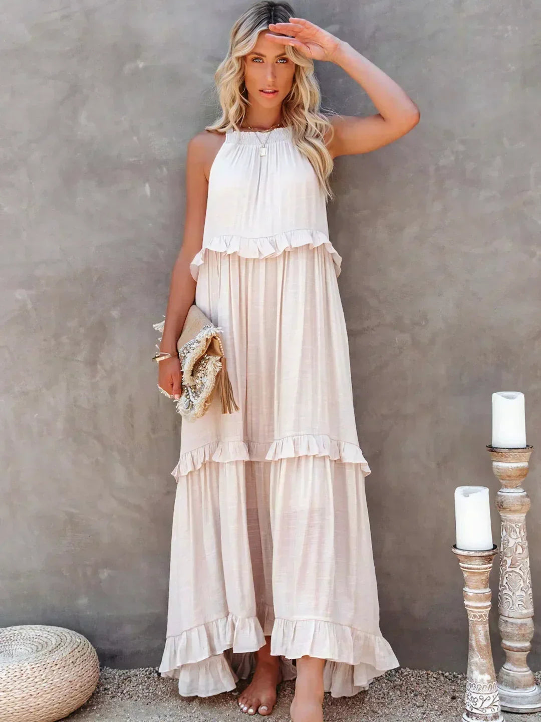 Variant image for Elegant Halter Ruffle Floral Maxi Dress for Women, Lightweight Bohemian Long Dress, Flowing Fit-1