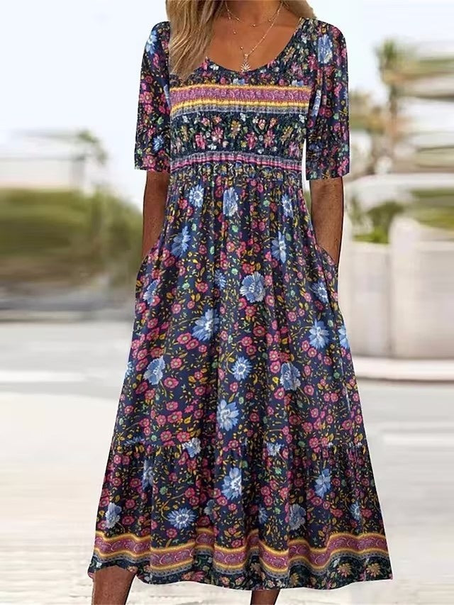 A-line, ethnic-print, polyester, for casual summer outings – Light women's maxi dress